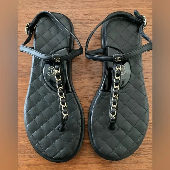 Authentic CHANEL thong sandals black with classic chain detail sz 36 - Picture 2 of 9
